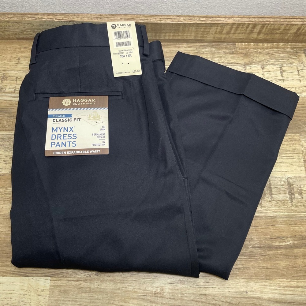 Haggar Mynx Gabardine Classic Fit Navy Pleated Cuffed Dress Pants 32x30 New